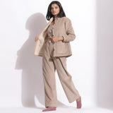 Left View of a Model wearing Beige Cotton Corduroy 3-Piece Set