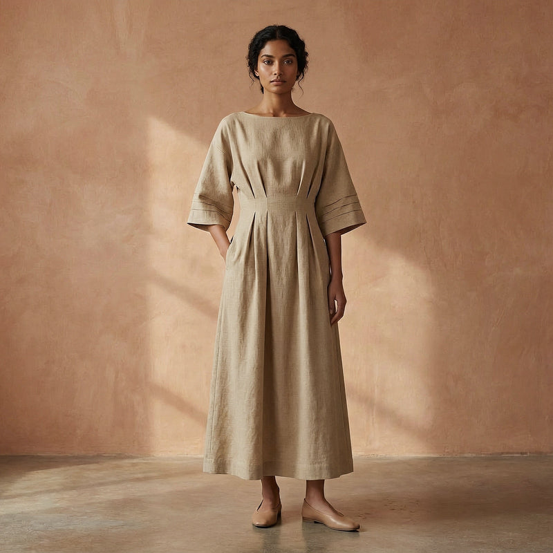 warm beige dress Beige Warm Cotton Flannel Gathered Maxi Dress 60" / Petite (5'1" and below)