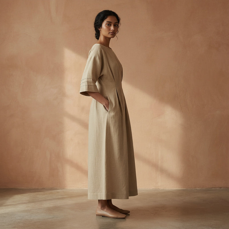 Beige Warm Cotton Flannel Boat Neck Maxi Dress with Kimono Sleeves 68