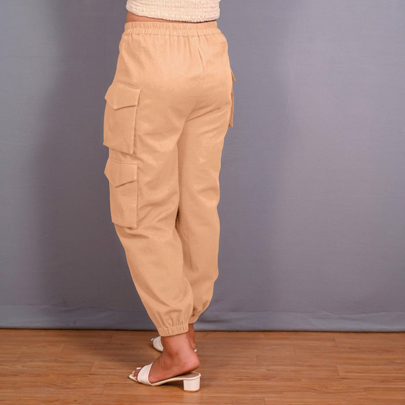 Beige Warm Cotton Flannel Elasticated Cargo Jogger Pant