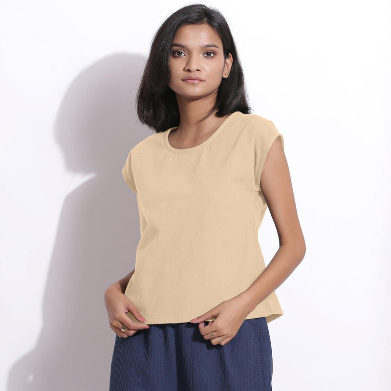 Front View of a Model wearing Warm Cotton Flannel Beige Essential Top