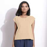 Front View of a Model wearing Warm Cotton Flannel Beige Essential Top