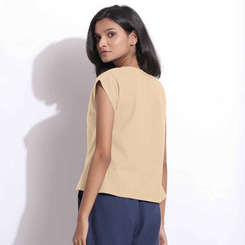 Back View of a Model wearing Warm Cotton Flannel Beige Essential Top