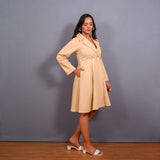 Beige Warm Cotton Flannel Fit and Flare Knee Length Blazer Dress