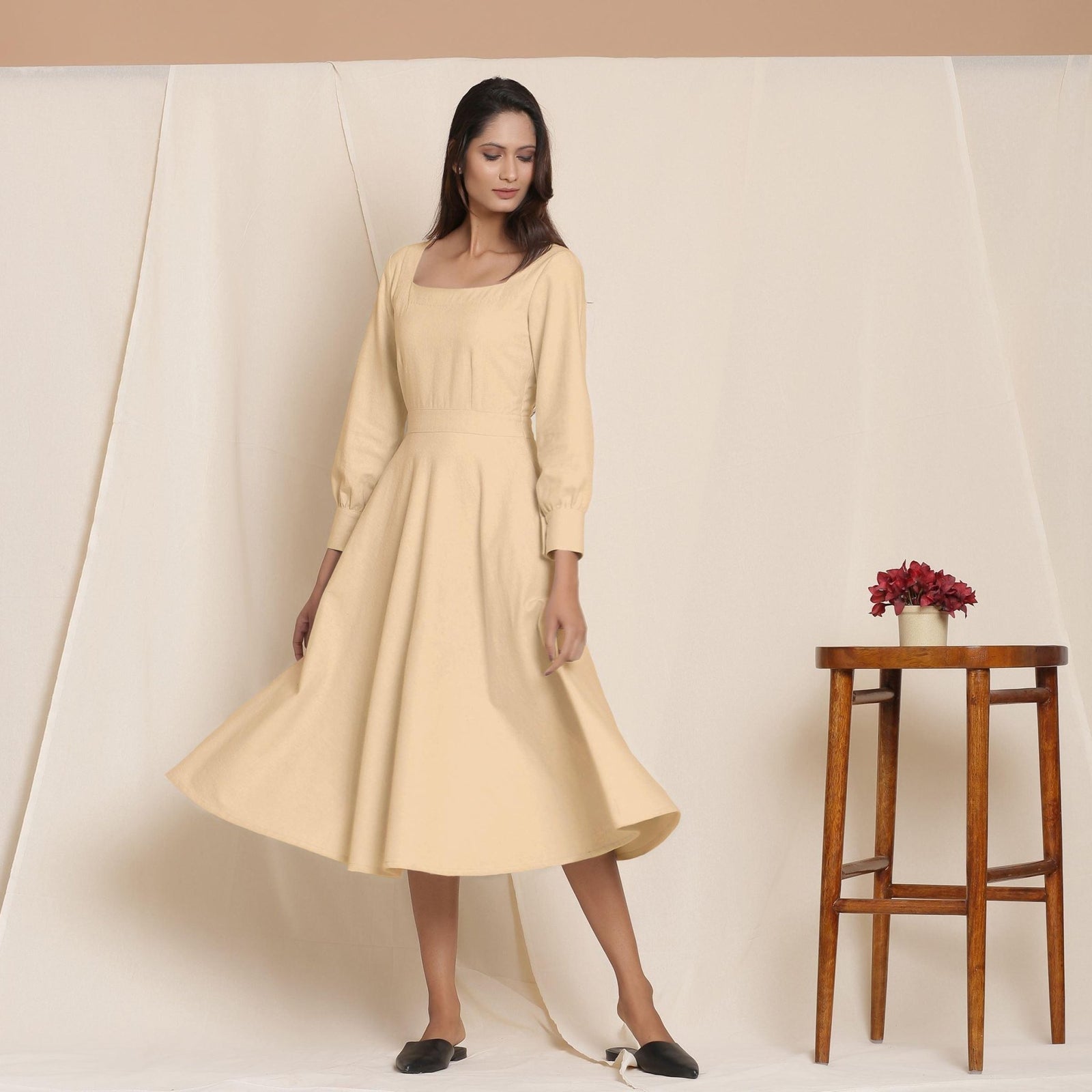 midi flannel dress womens Beige Warm Cotton Fit and Flare 66