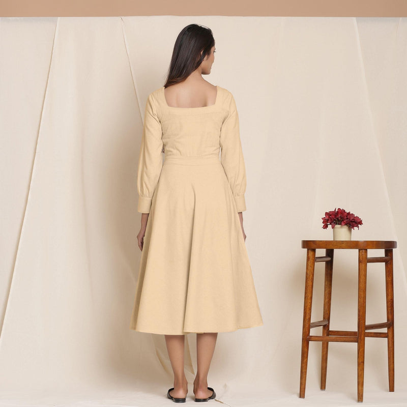 Beige Warm Cotton Flannel Fit and Flare Midi Dress 48 Beige Warm Cotton Flannel Fit and Flare Midi Dress 48