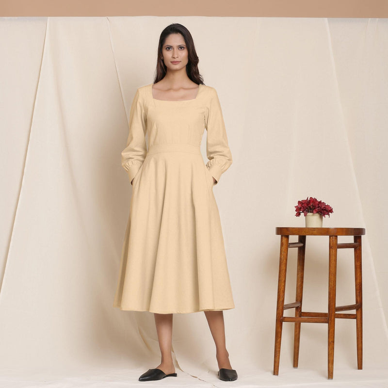 Beige Warm Cotton Flannel Fit and Flare Midi Dress 48" / Regular (5'2" - 5'6") Beige Warm Cotton Flannel Fit and Flare Midi Dress 48" / Regular (5'2" - 5'6")