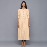 Front View of a Model wearing Beige Cotton Flannel Gathered Dress