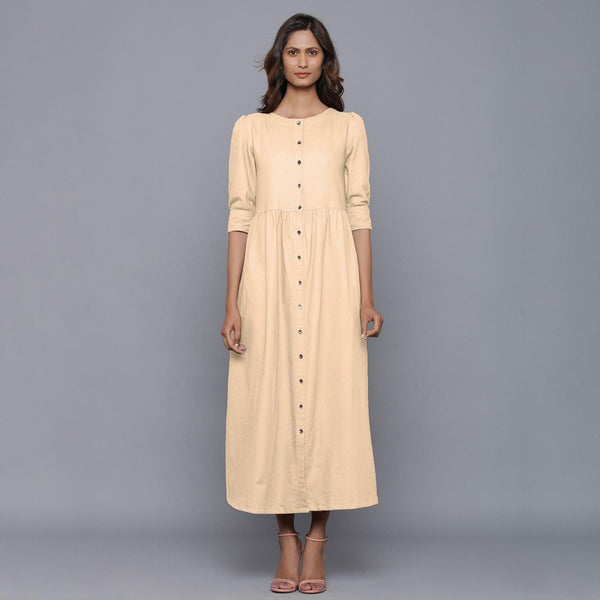 Front View of a Model wearing Beige Cotton Flannel Gathered Dress