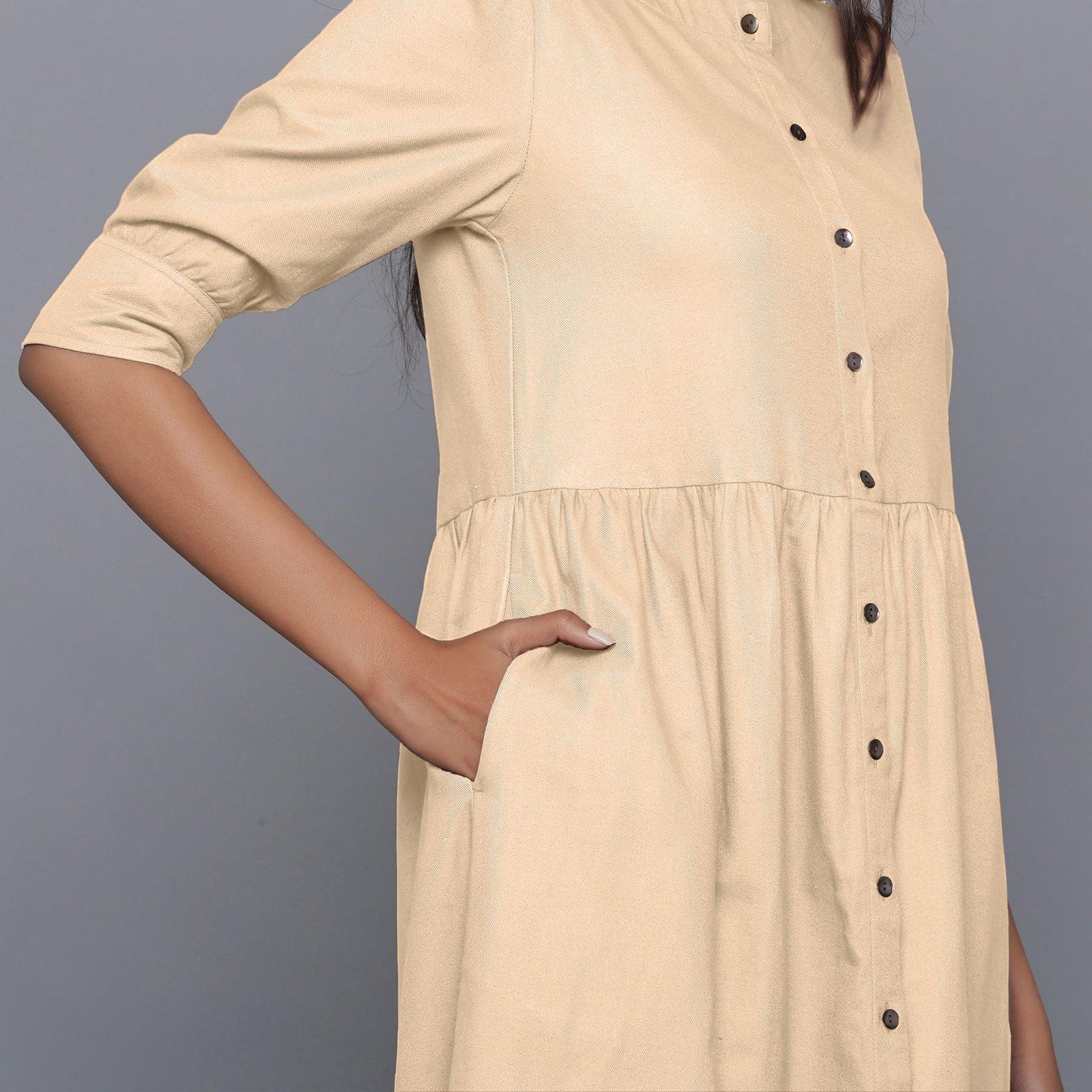 Beige Warm Cotton Flannel Gathered Maxi Dress 42