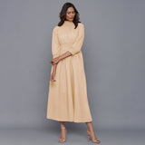 Beige Warm Cotton Flannel High Neck Maxi Dress