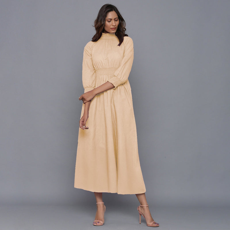 Beige Warm Cotton Flannel High Neck Maxi Dress