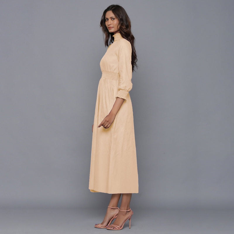 Beige Warm Cotton Flannel High Neck Maxi Dress