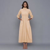 Beige Warm Cotton Flannel High Neck Maxi Dress