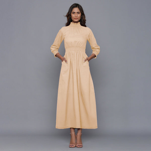 Beige Warm Cotton Flannel High Neck Maxi Dress