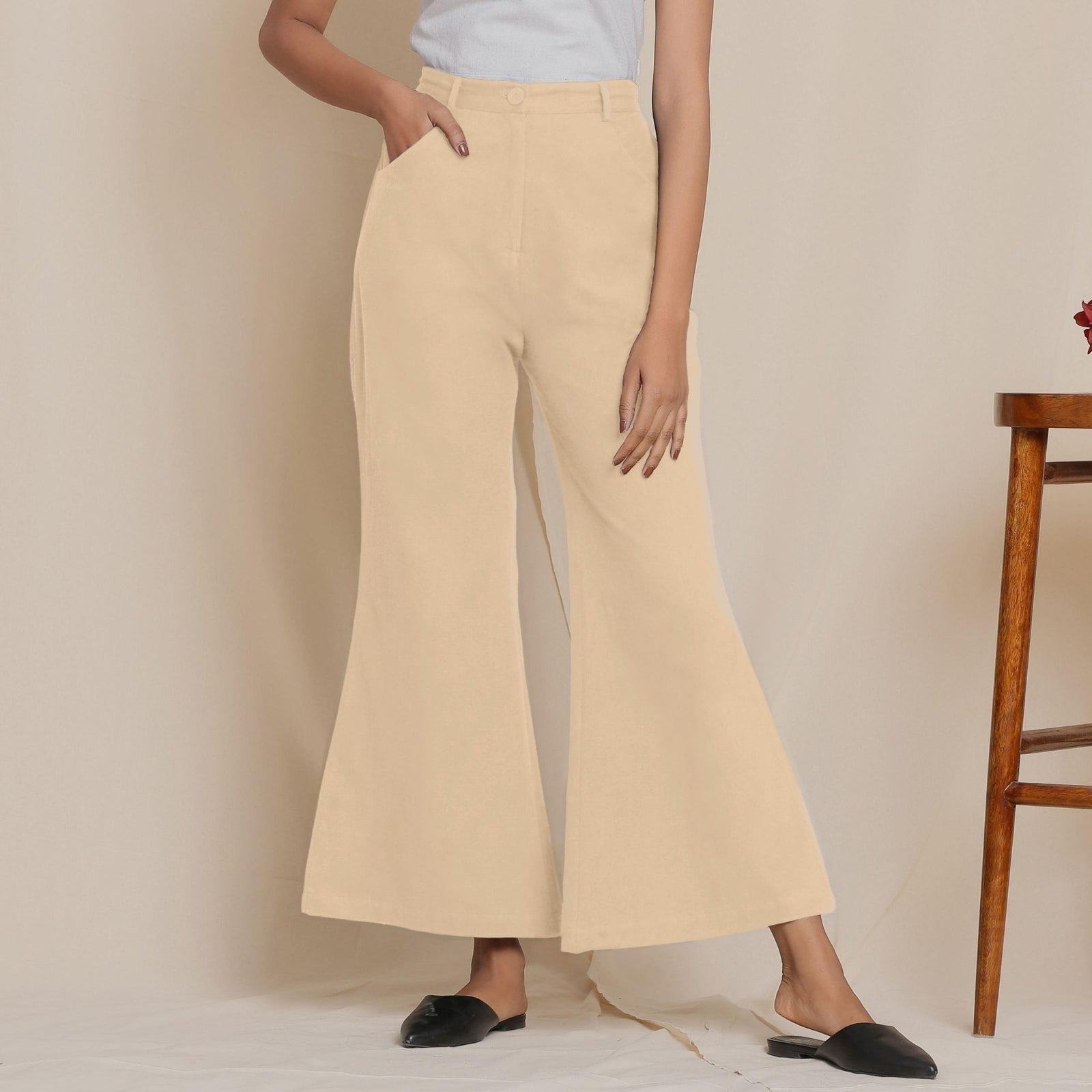 Buy Beige Warm Cotton Flannel High-Rise Bootcut Pant Online at