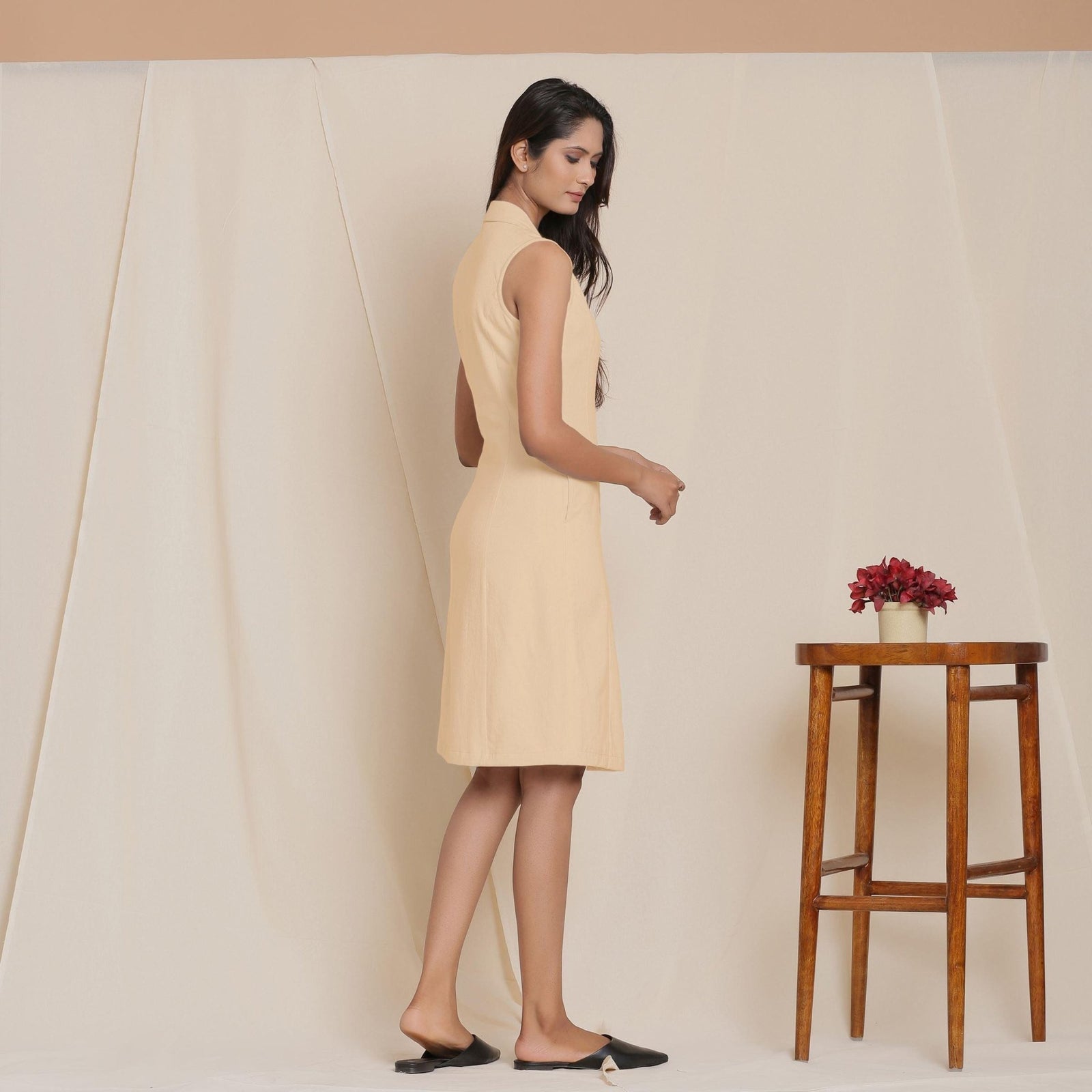 Beige Warm Cotton Flannel Knee Length Blazer Dress 60" / Custom Height (Free)