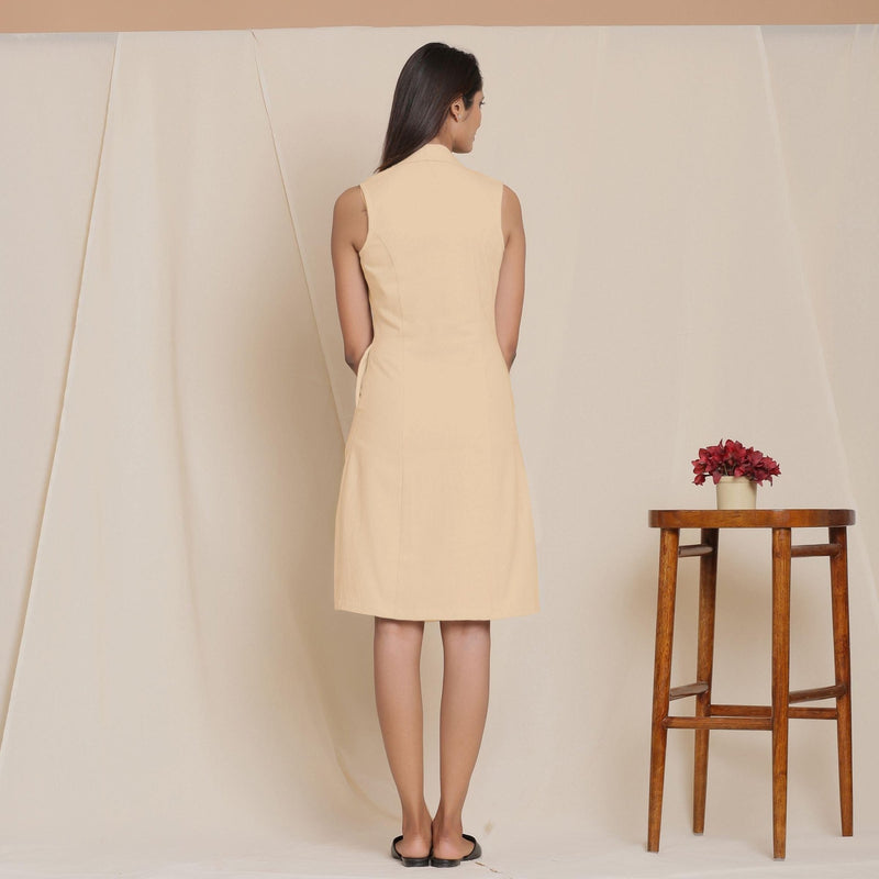 Back View of a Model wearing Warm Beige Lapel Collar Short Dress