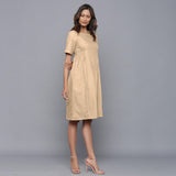 Right View of a Model wearing Beige Paneled Cotton Flannel Dress