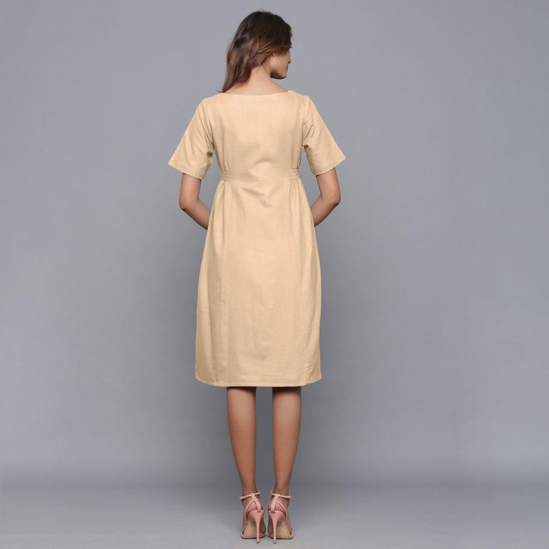 Back View of a Model wearing Beige Paneled Cotton Flannel Dress