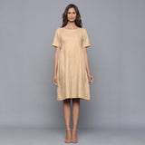 Front View of a Model wearing Beige Paneled Cotton Flannel Dress