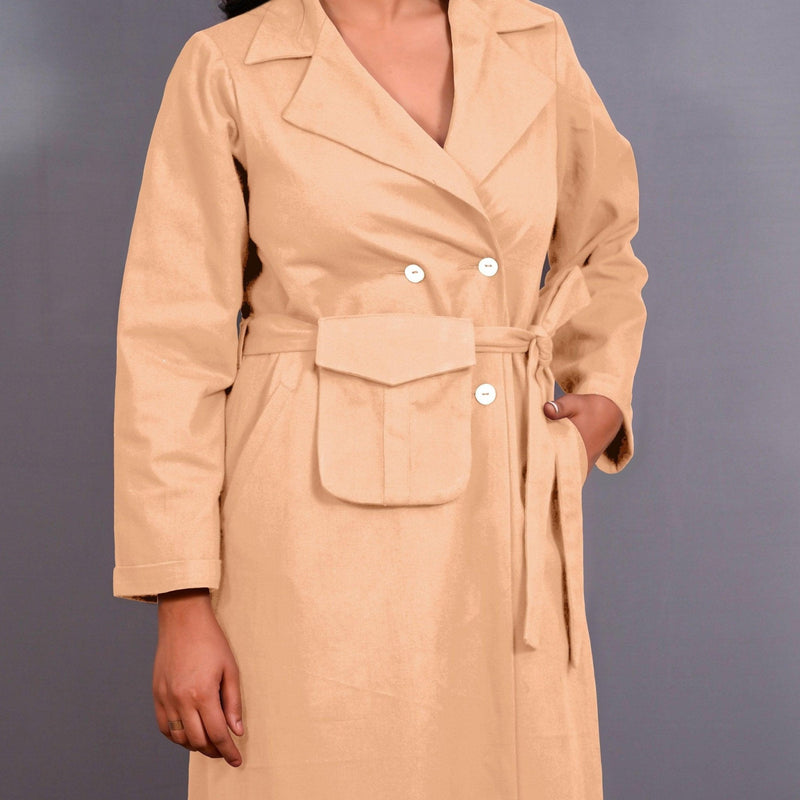 Beige Warm Cotton Flannel Midi Blazer Dress