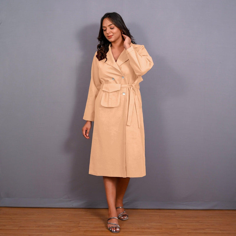 Beige Warm Cotton Flannel Midi Blazer Dress