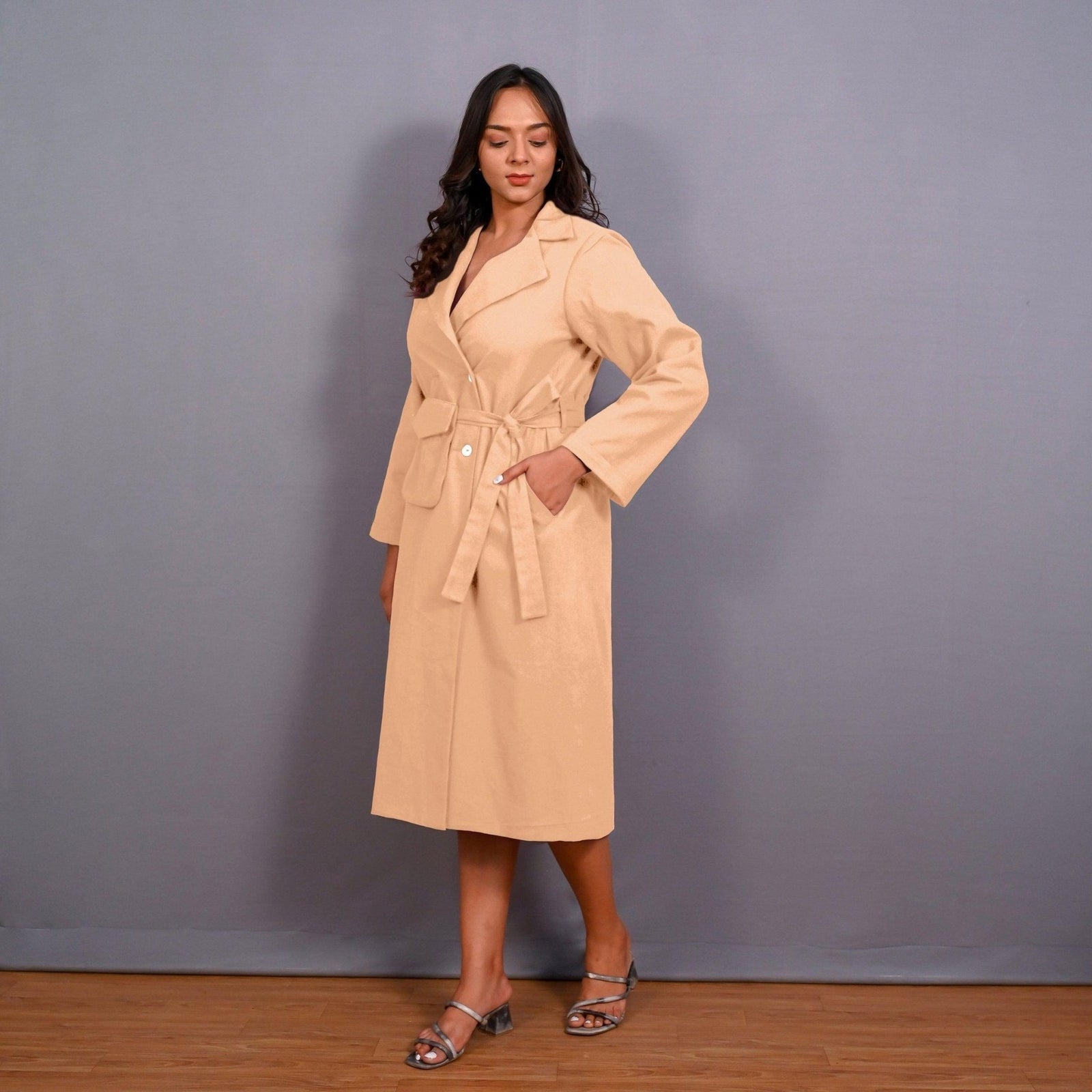 midi coat dress for women Beige Warm Cotton Flannel Blazer 34