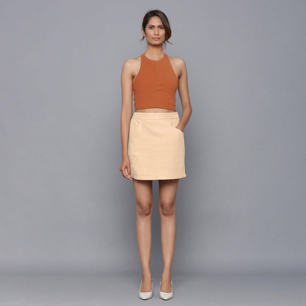 Front View of a Model wearing Beige Flannel Mini Pencil Skirt