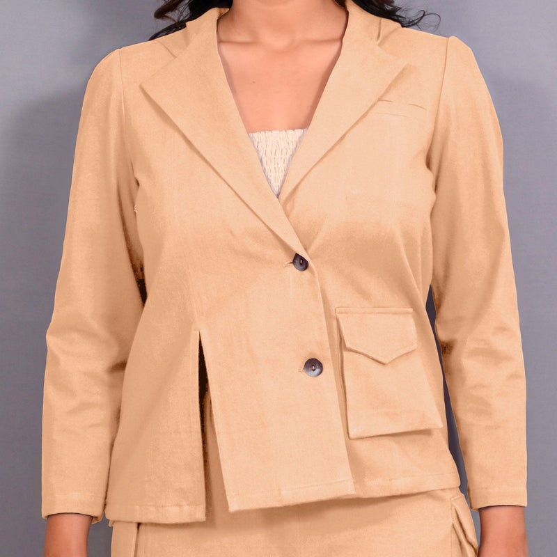 Beige Warm Cotton Flannel Single-Breasted Hoodie Blazer