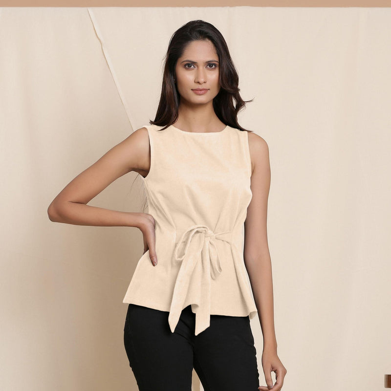 Front View of a Model wearing Warm Beige A-Line Cotton Top