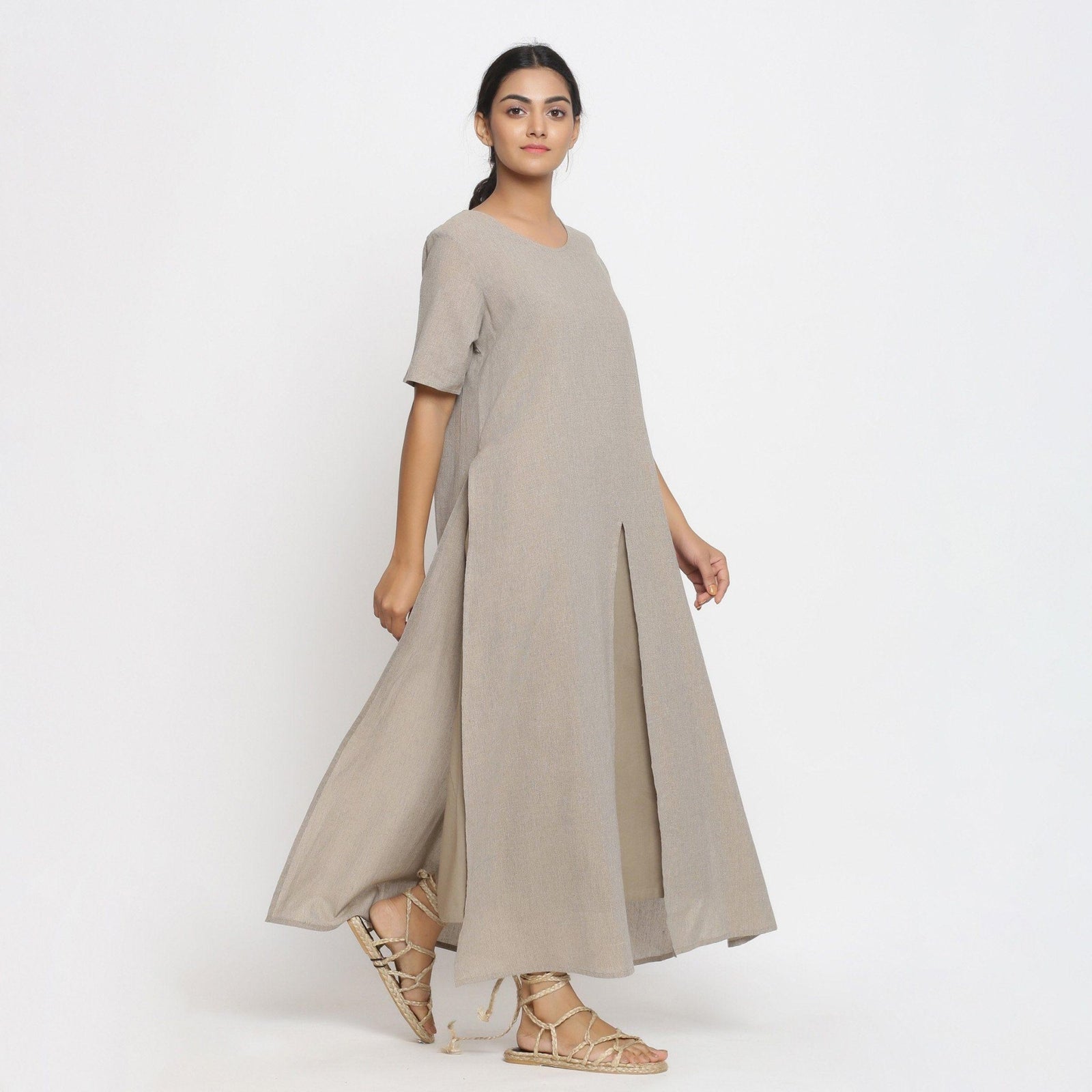Beige Yarn Dyed 100% Cotton A-Line Maxi Slit Dress 36" / Tall (5'7" and above) Beige Yarn Dyed 100% Cotton A-Line Maxi Slit Dress 36" / Tall (5'7" and above)
