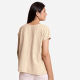 Back View of a Model wearing Beige 100% Cotton Boat Neck A-Line Top