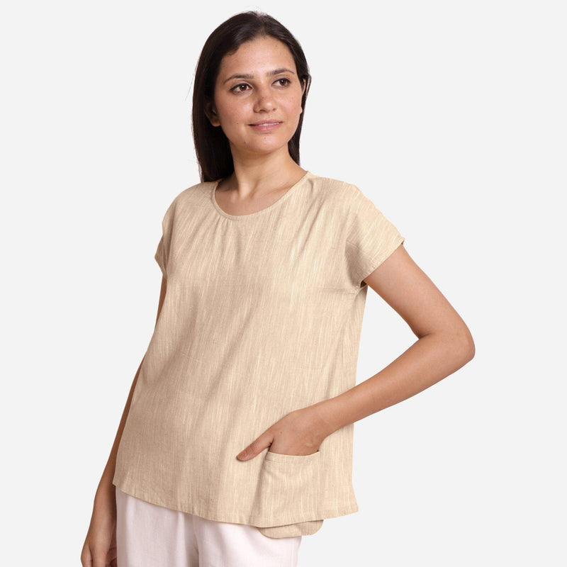 Left View of a Model wearing Beige 100% Cotton Boat Neck A-Line Top