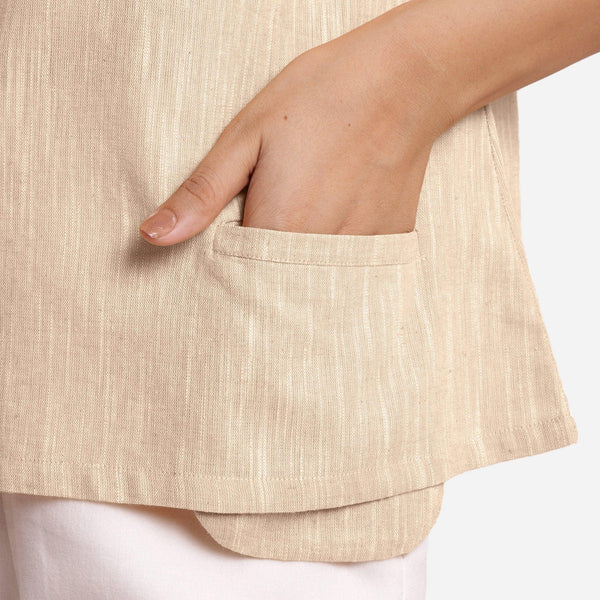 Front Detail of a Model wearing Beige 100% Cotton Boat Neck A-Line Top