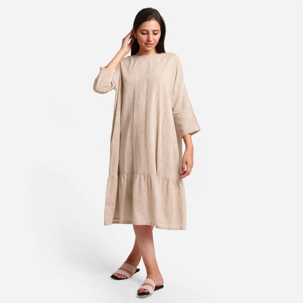 Beige Yarn Dyed 100% Cotton Boat Neck Midi Tier Dress Custom Size (Free) / Petite (5'1