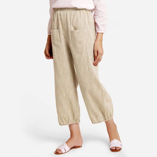 Front View of a Model wearing Beige Yarn Dyed Cotton Harem Pant