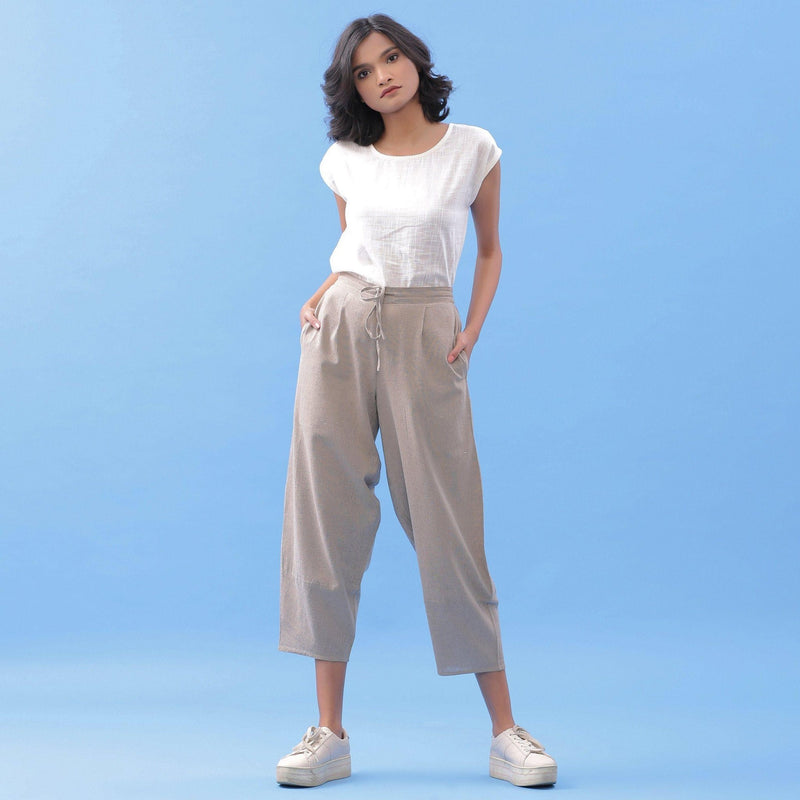 Front View of a Model wearing Essential Beige Cotton Paneled Pant