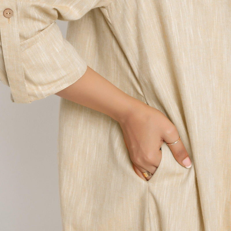 Front Detail of a Model wearing Beige Lapel Collar Cotton Overlay