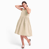 Front View of a Model wearing Yarn Dyed Cotton Beige Yoke Dress