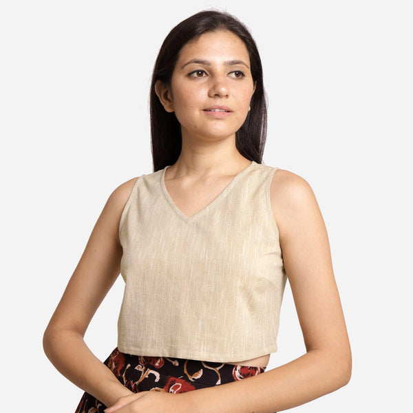 Front View of a Model wearing Solid Beige Yarn Dyed Cotton Crop Top