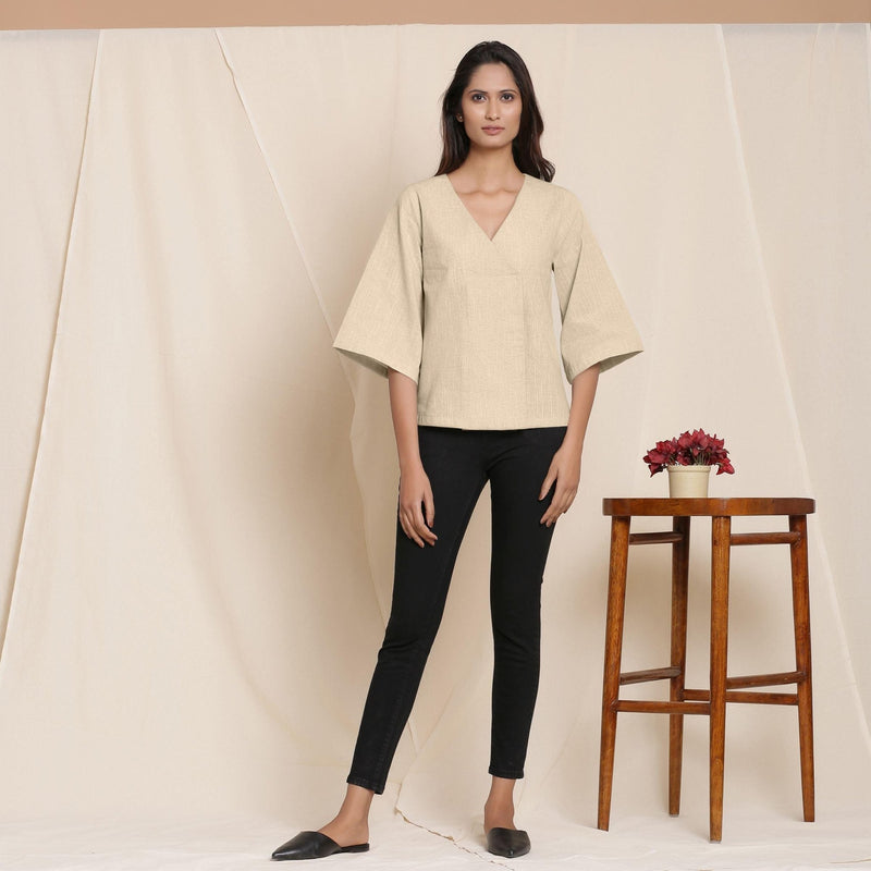 Front View of a Model wearing Beige Comfy Straight Top