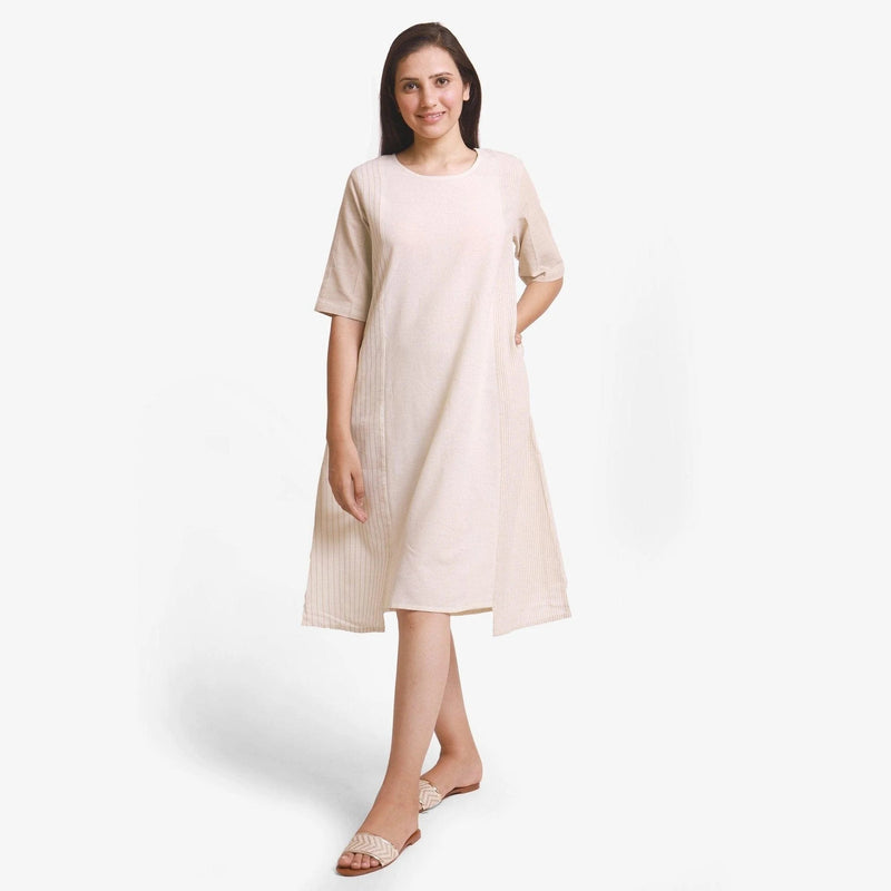 Front View of a Model wearing Beige Yarn Dyed Cotton Paneled Dress