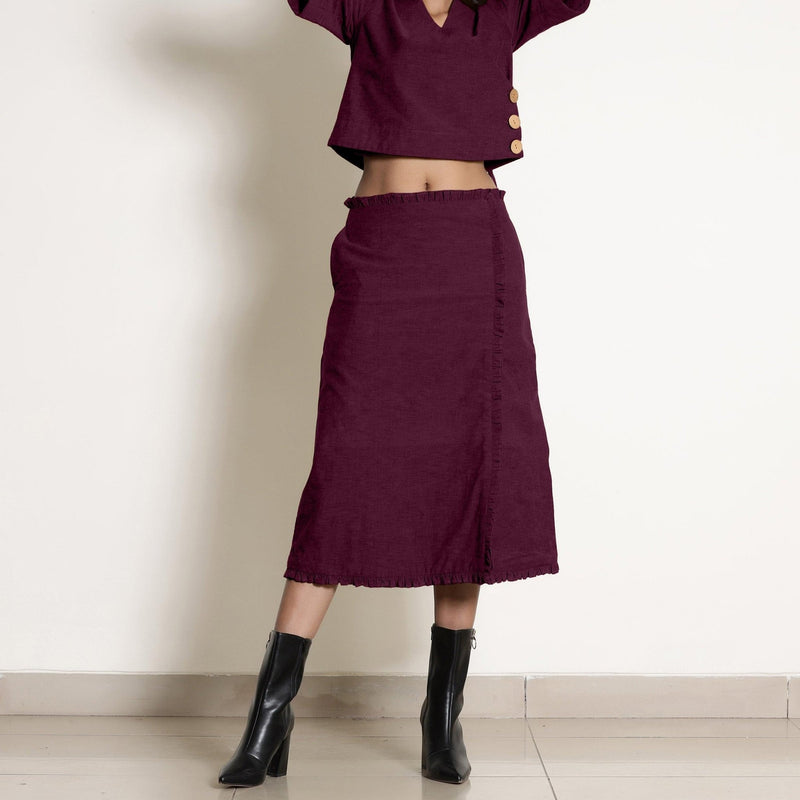 Front View of a Model wearing Warm Berry Wine A-Line Frilled Skirt