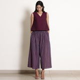 Front View of a Model wearing Berry Wine Striped Gathered Culottes