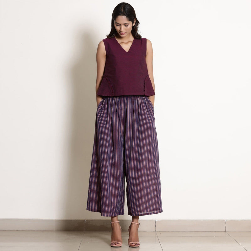 Front View of a Model wearing Berry Wine Striped Gathered Culottes