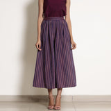 Front View of a Model wearing Berry Wine Striped Gathered Culottes