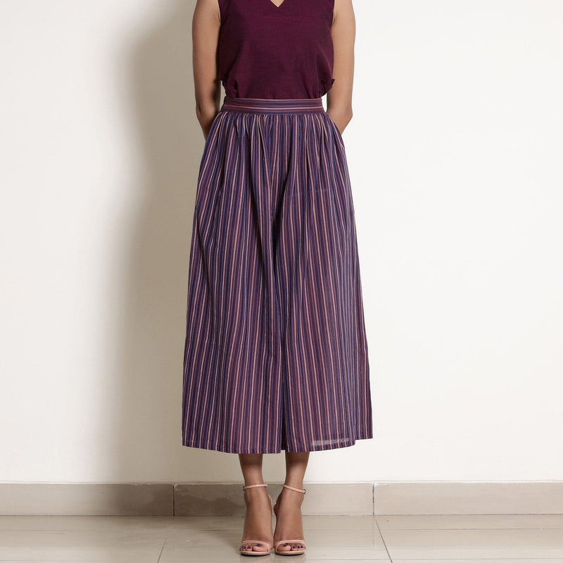 Front View of a Model wearing Berry Wine Striped Gathered Culottes