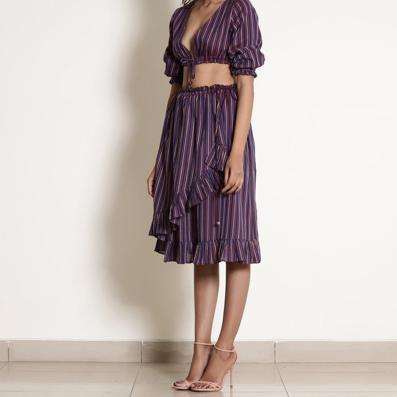 Left View of a Model wearing Berry Wine Striped Frilled Wrap Skirt