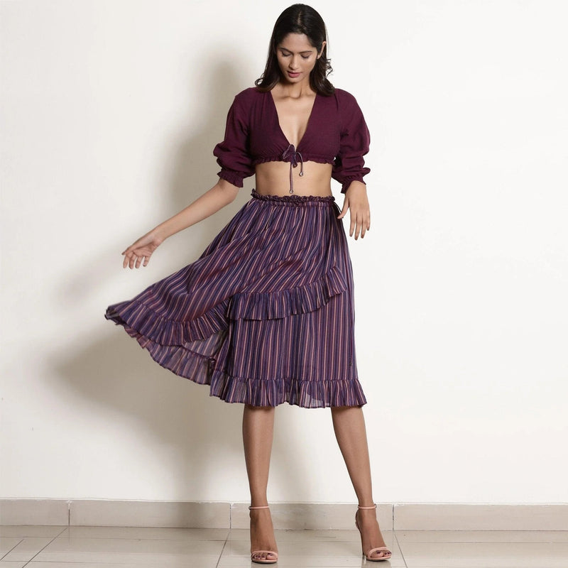 Front View of a Model wearing Berry Wine Striped Frilled Wrap Skirt